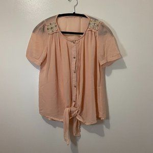 Peach chiffon pearl shoulder front-tie top